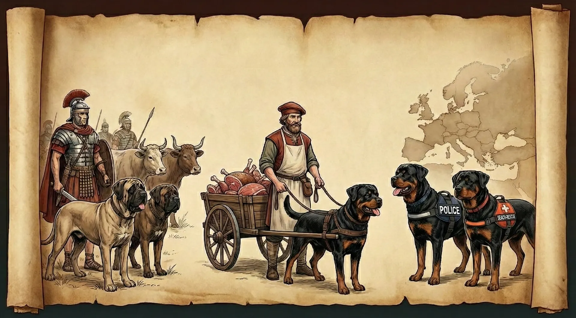 Historic illustration of Rottweiler breed origins