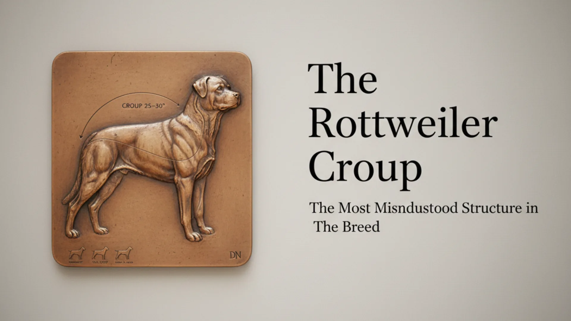 Rottweiler standing in profile showing correct croup structure and rear angulation at golden hour